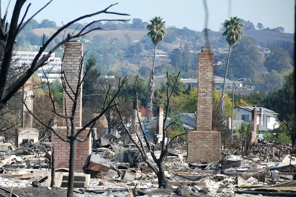 Brick chimneys standing in rubble from Tubbs Fire in Northern California in 2017.